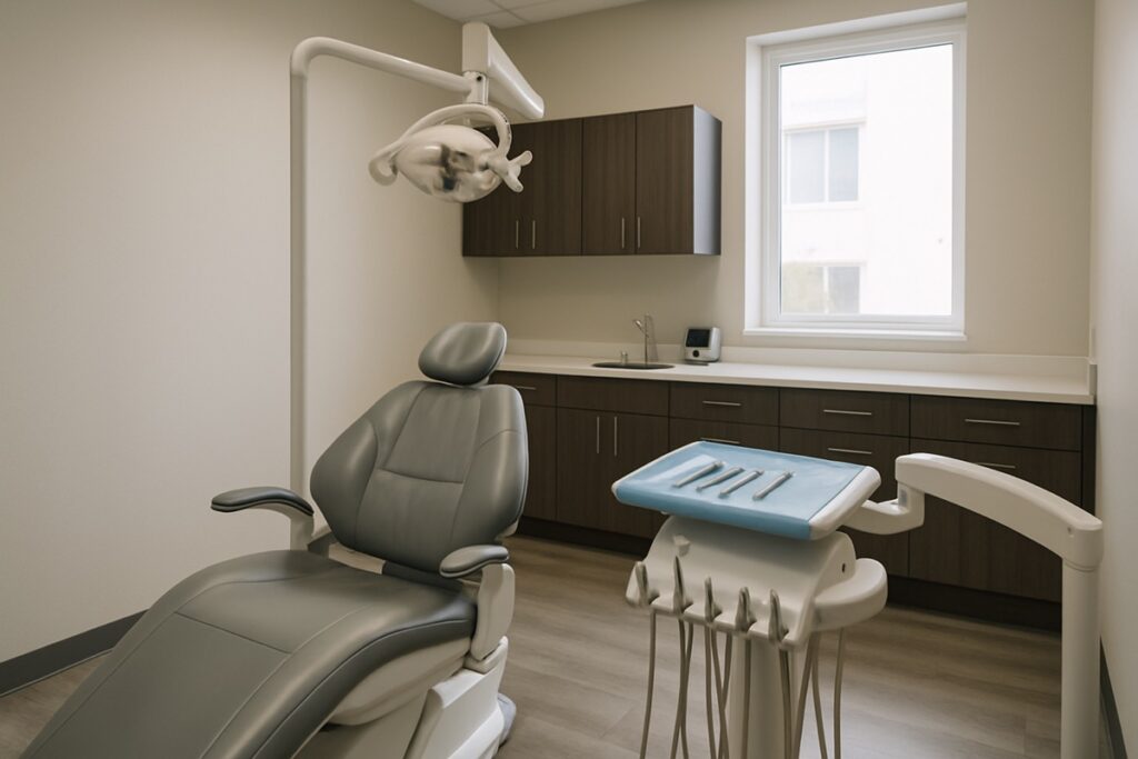 Modern dental treatment room with cosmetic dentistry chair at a Pickering dental office