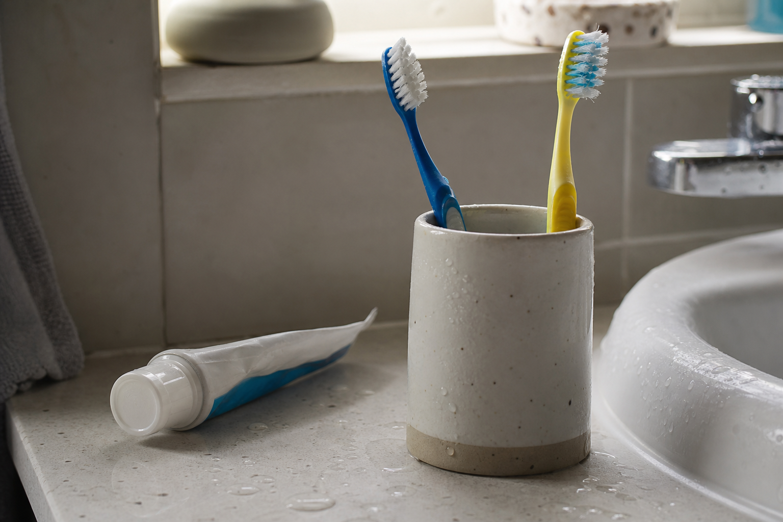 Children's toothbrushes in a cup on a family bathroom counter