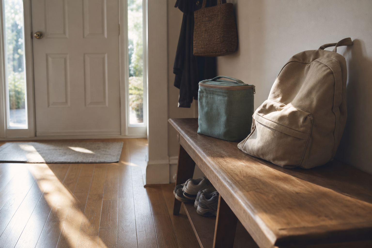 School backpack and lunch bag ready by the front door for back-to-school season