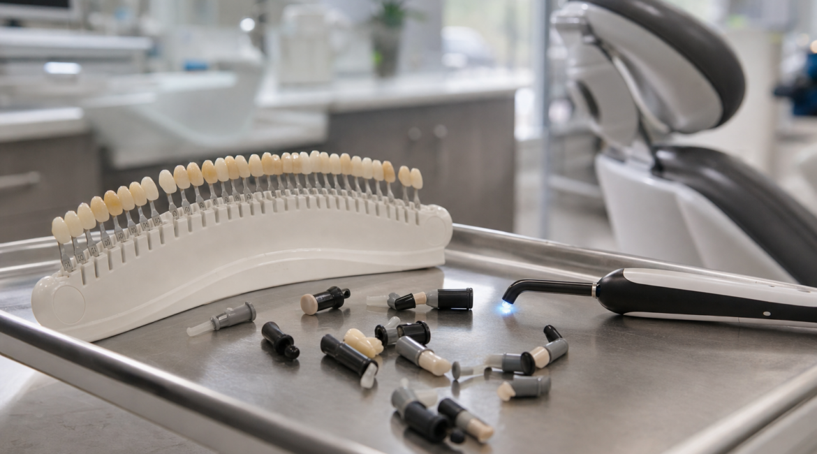 Composite filling station with shade guide, composite capsules, and curing light