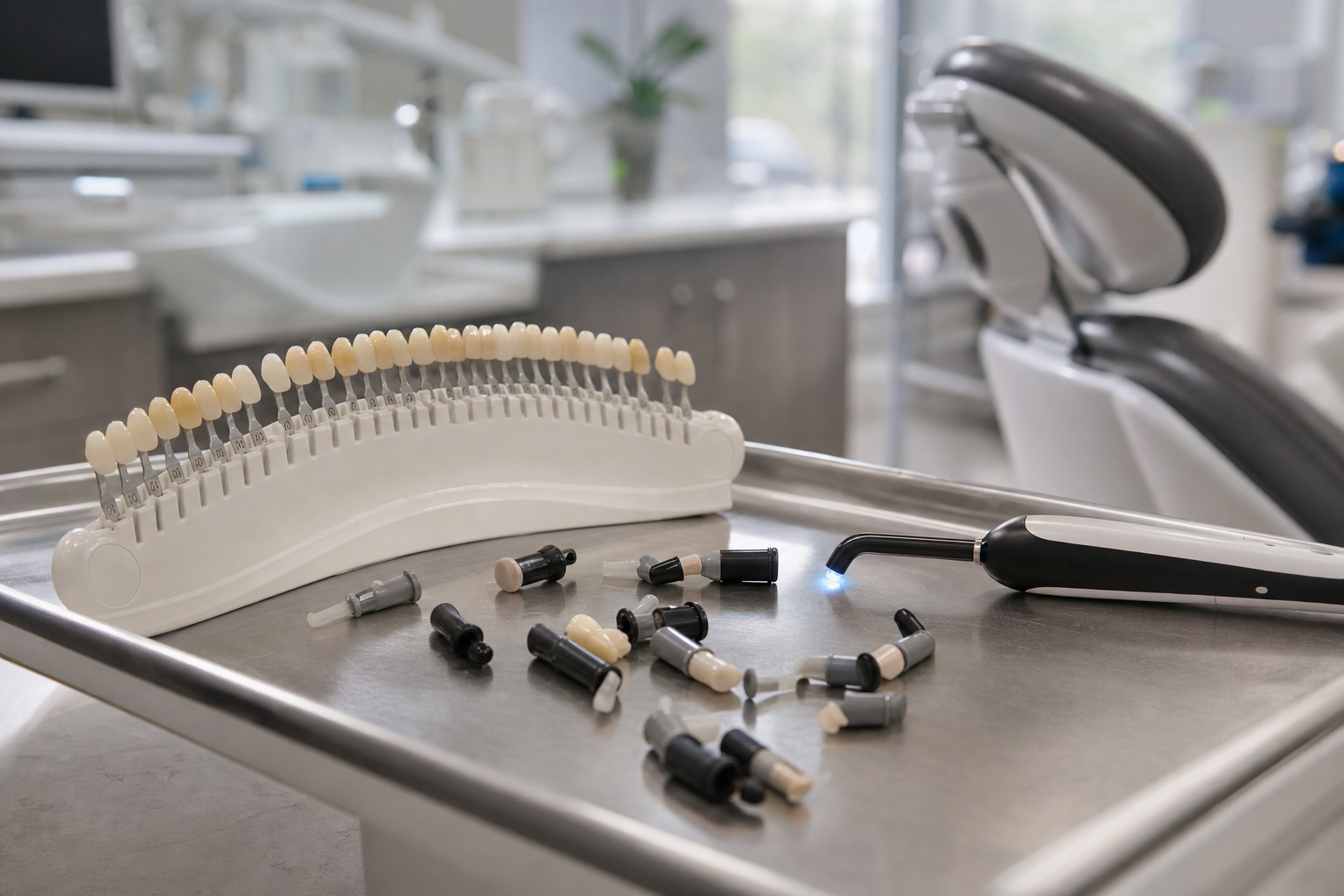 Composite filling station with shade guide, composite capsules, and curing light