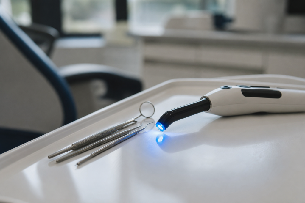 Dental curing light used to harden tooth-coloured composite fillings
