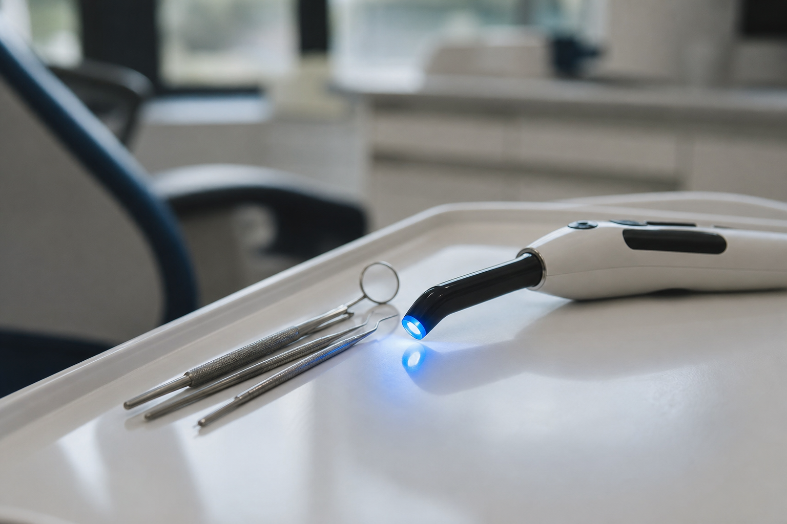Dental curing light used to harden tooth-coloured composite fillings