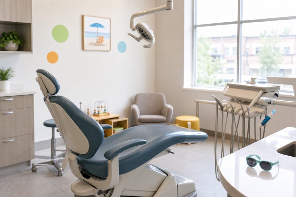 Child-friendly dental exam room prepared for a sealant appointment
