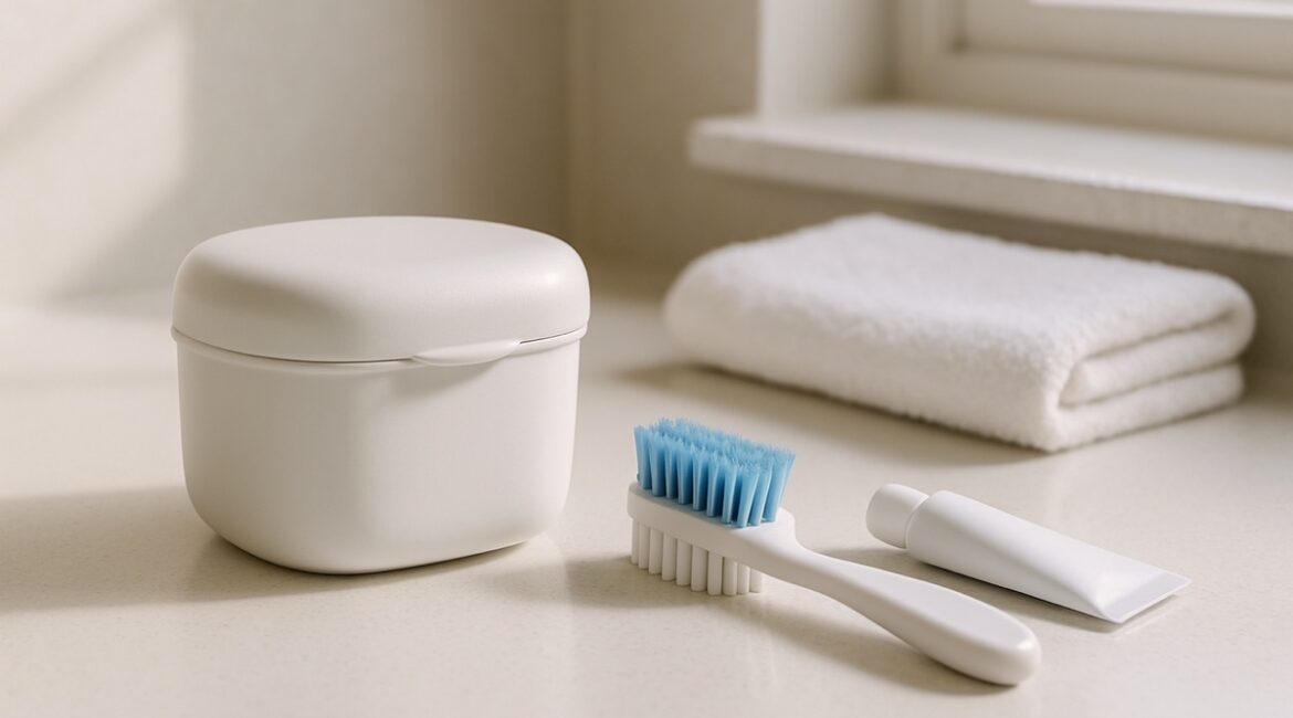 Denture care still-life with cleaning brush and soaking case in a clinical setting