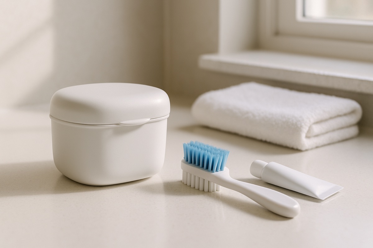 Denture care still-life with cleaning brush and soaking case in a clinical setting