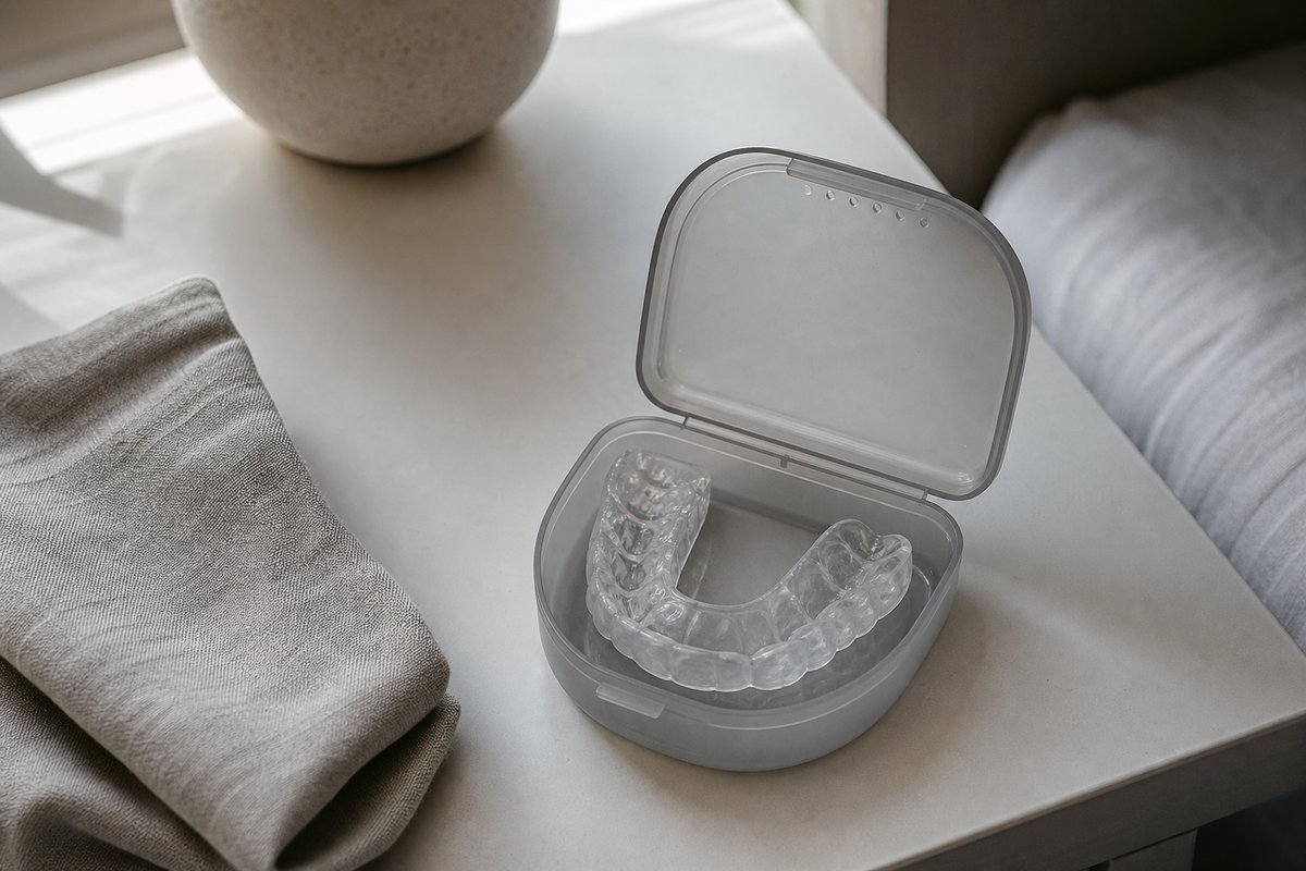 custom teeth grinding night guard in its storage case
