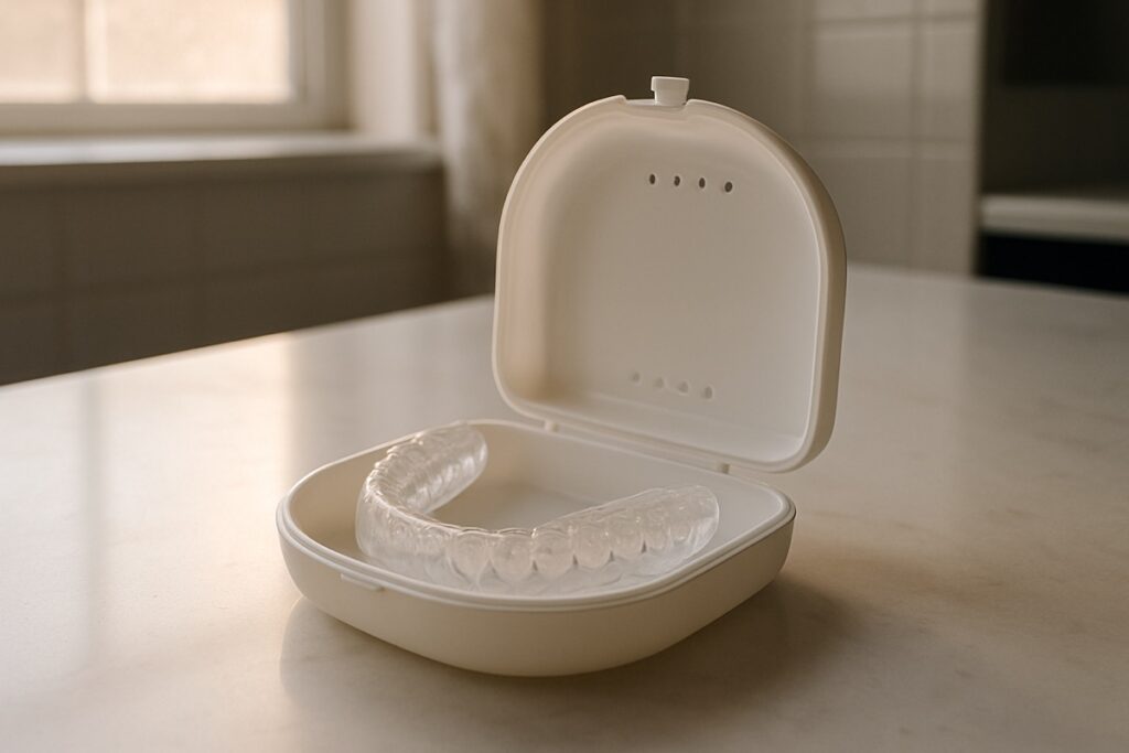 Clear dental night guard in its case on a bathroom counter