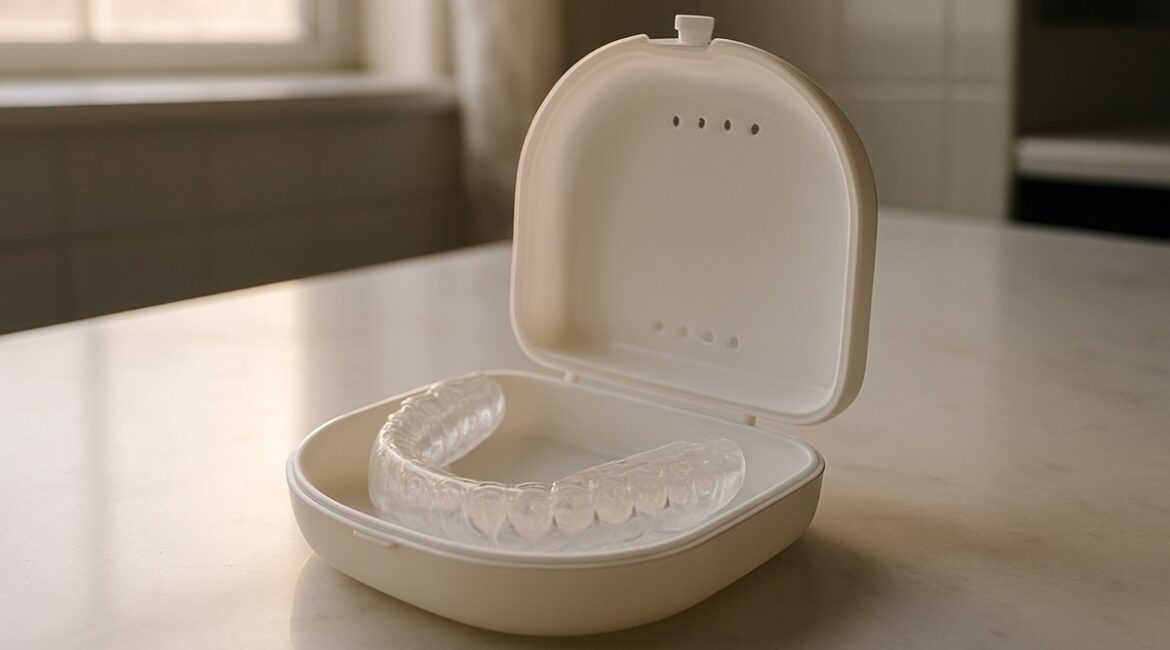 Clear dental night guard in its case on a bathroom counter