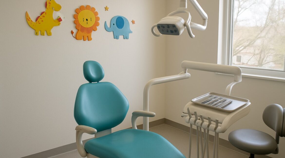 Bright pediatric dental exam room with a teal chair and cheerful animal wall decor