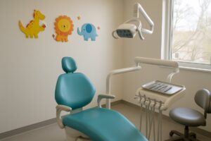 Bright pediatric dental exam room with a teal chair and cheerful animal wall decor