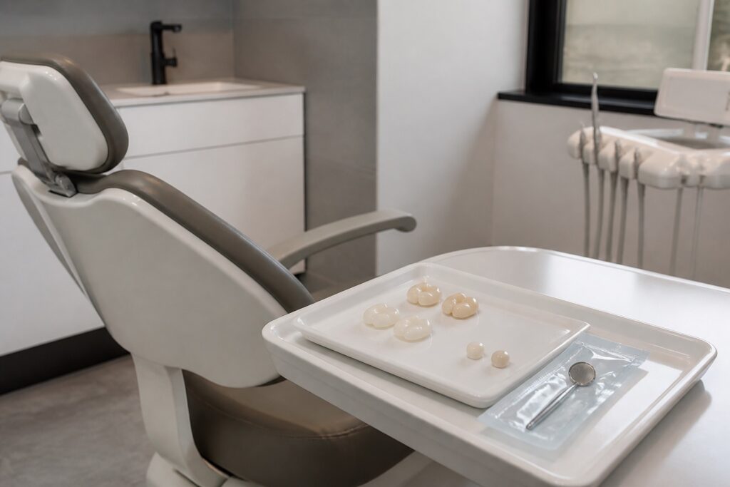 Ceramic crown samples and a shade guide in a modern dental treatment room