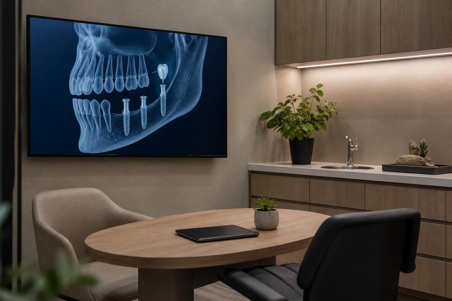 Dental consultation area with an imaging display used to plan tooth replacement