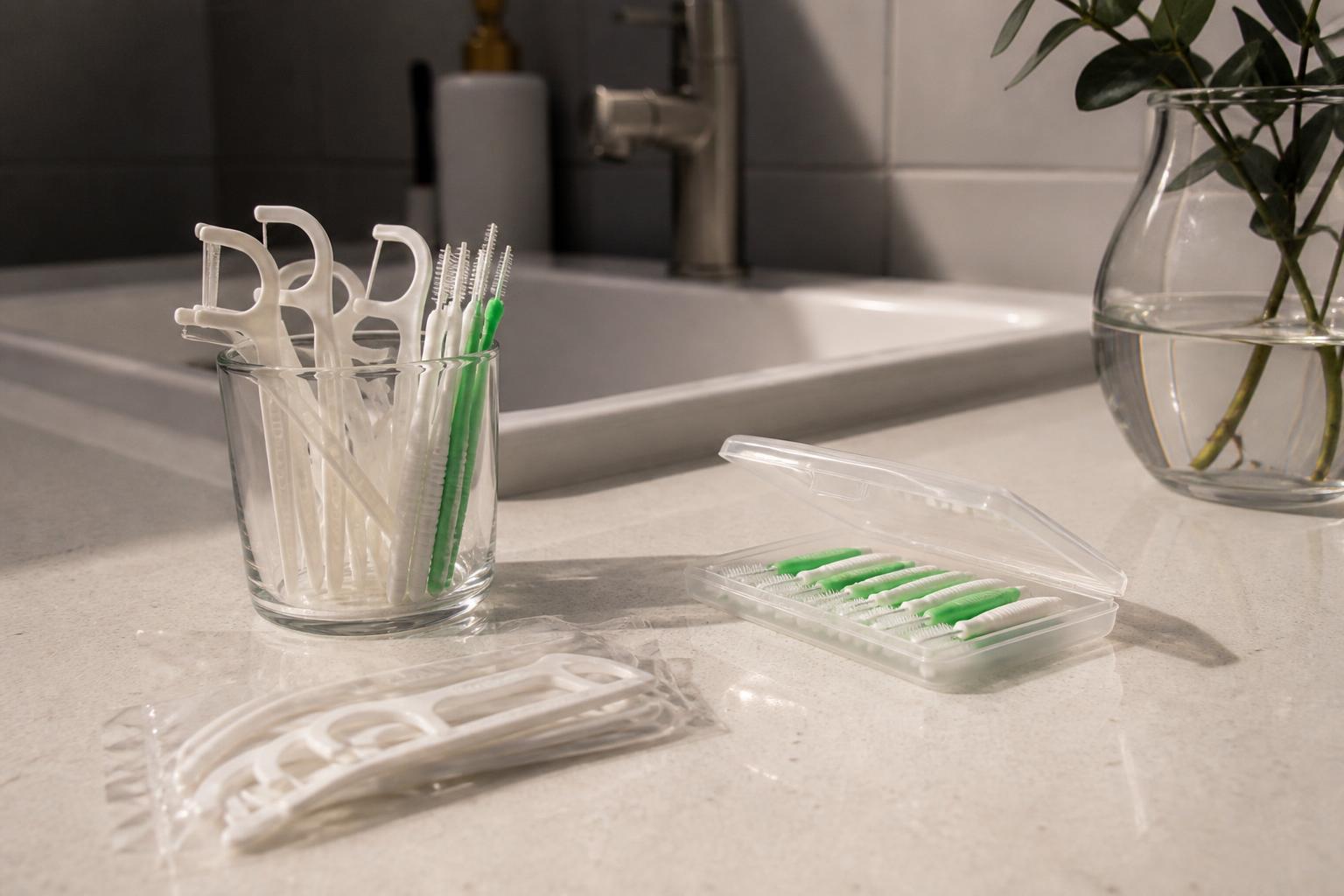 Floss threaders and interdental brushes for cleaning around a dental bridge