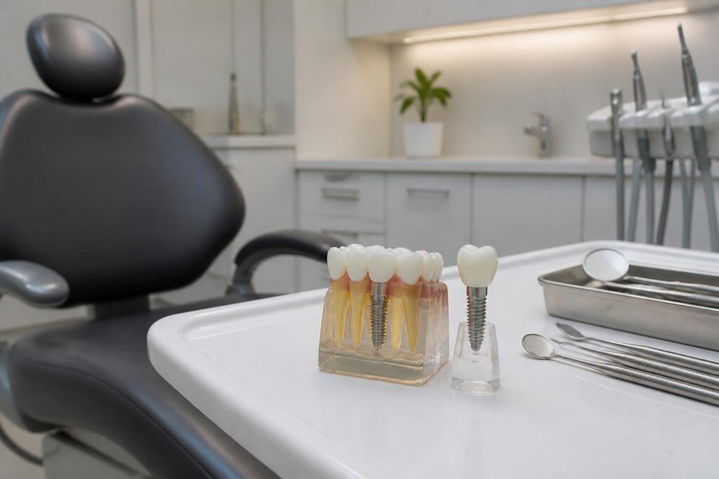 Dental implant model with crown and jaw model on a tray in a modern dental treatment room