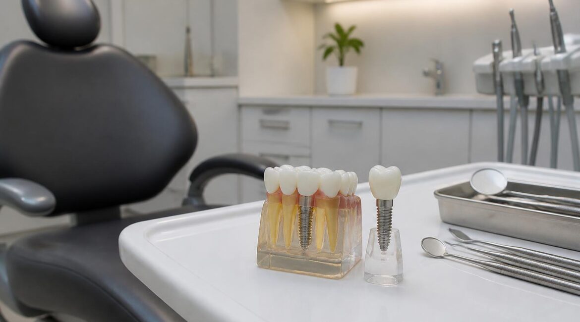 Dental implant model with crown and jaw model on a tray in a modern dental treatment room