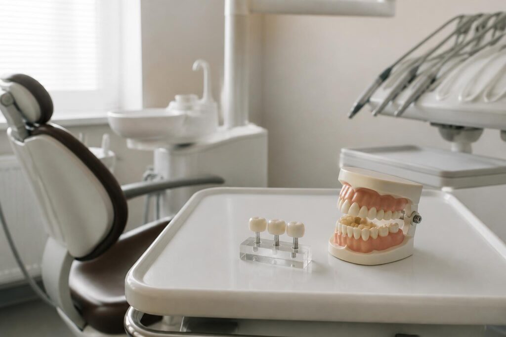 Fixed dental bridge model on a tray next to a jaw model in a modern dental treatment room