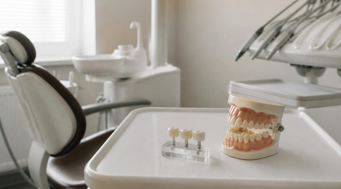 Fixed dental bridge model on a tray next to a jaw model in a modern dental treatment room