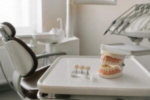 Fixed dental bridge model on a tray next to a jaw model in a modern dental treatment room