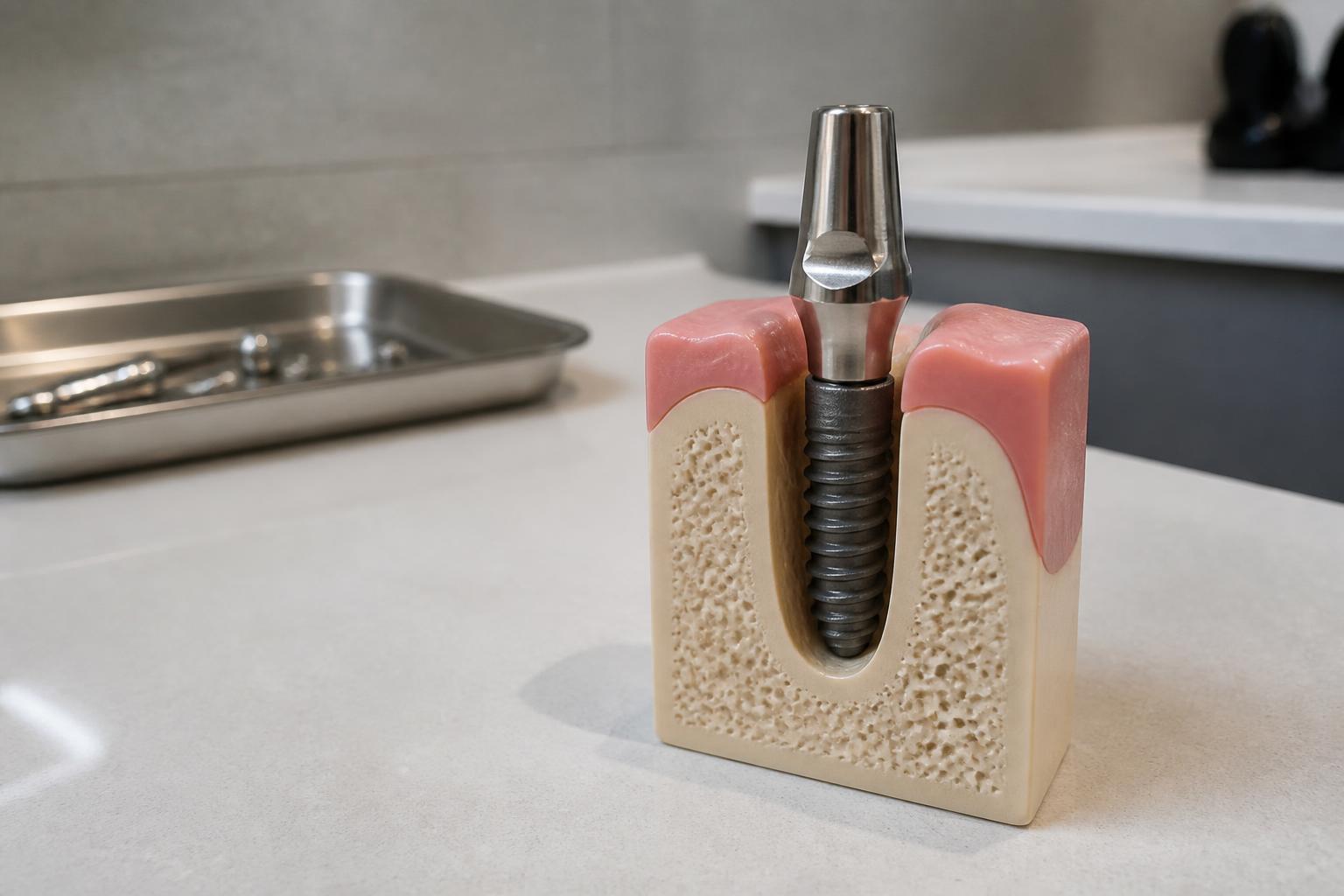 Dental implant fixture and abutment model on a clinic counter