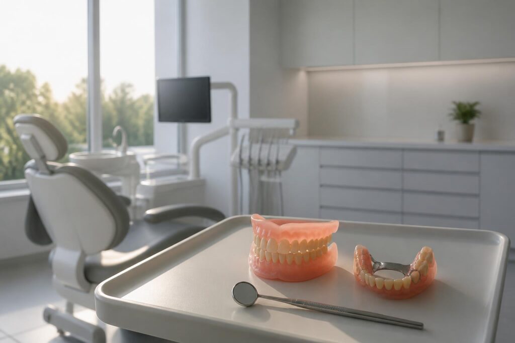 Complete and partial denture models on a tray in a dental treatment room