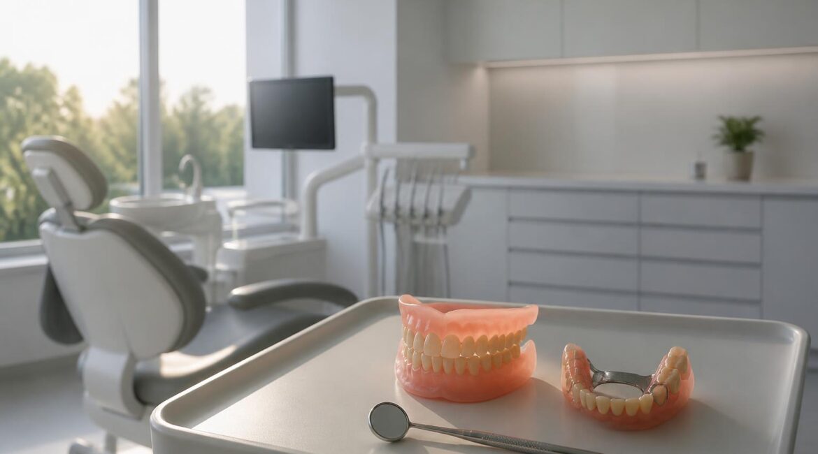 Complete and partial denture models on a tray in a dental treatment room