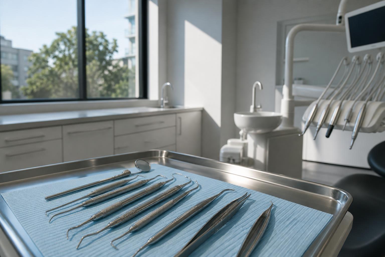Periodontal probes and scaling instruments on a sterile dental tray