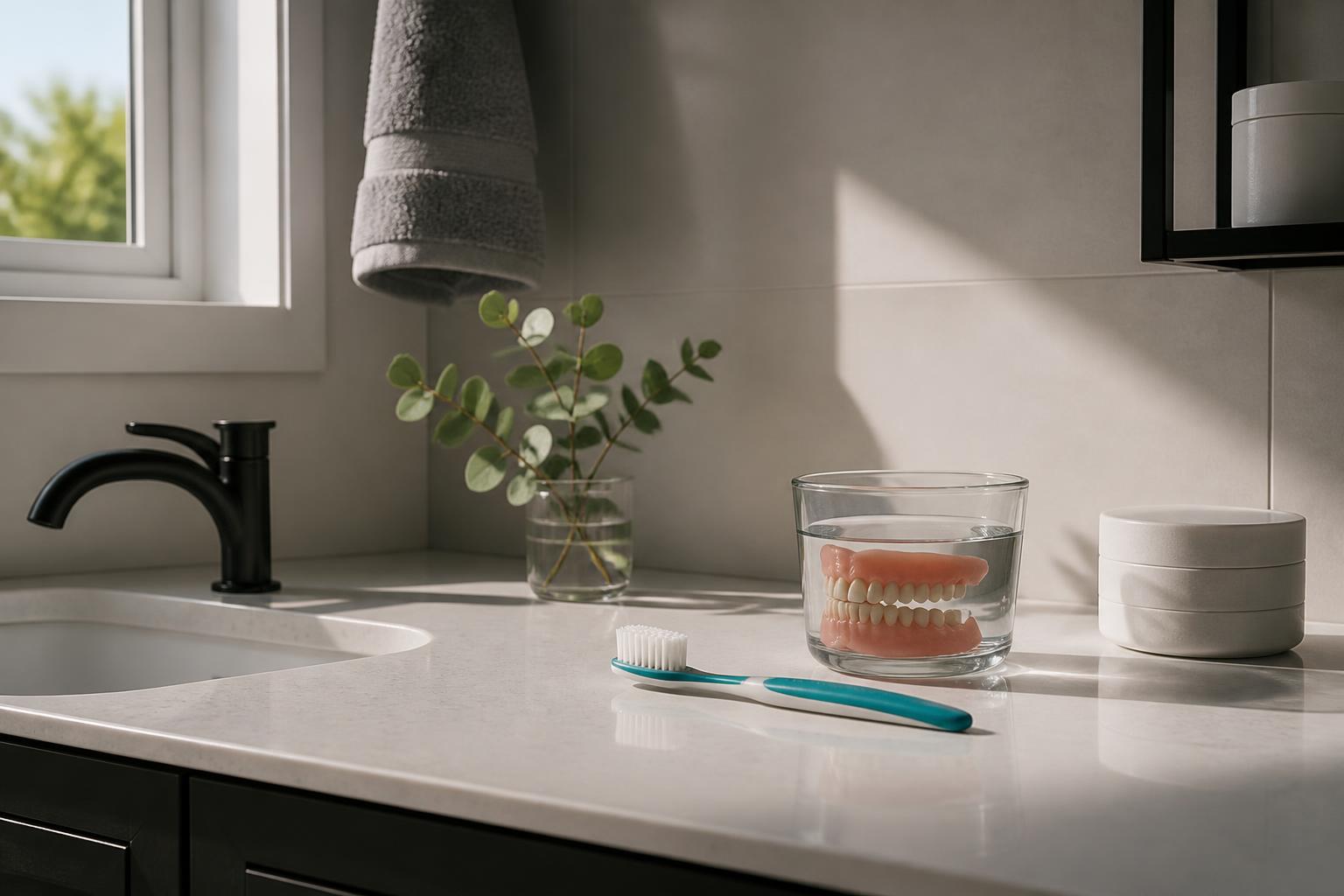 Denture brush and soaking cup for daily denture care