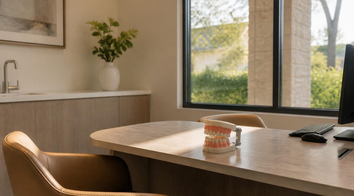 Dental office consultation area with a dental model on the desk