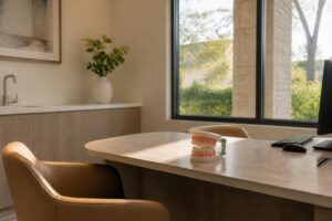 Dental office consultation area with a dental model on the desk