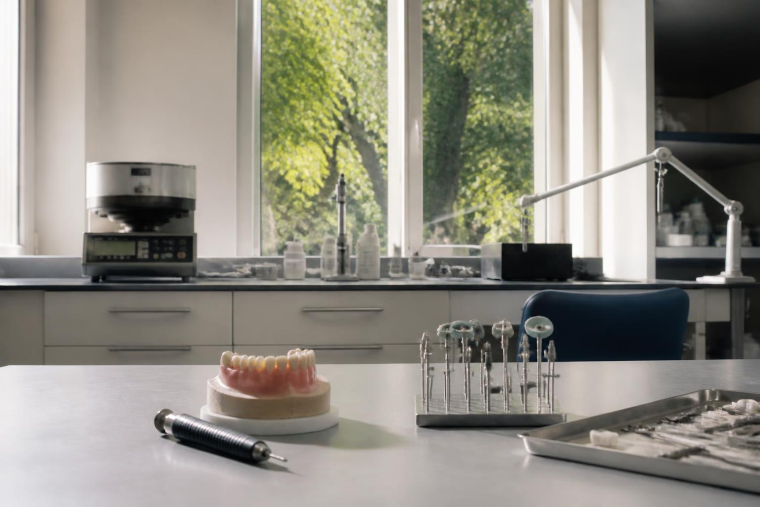 Denture adjustment tools and a denture model on a dental lab workbench